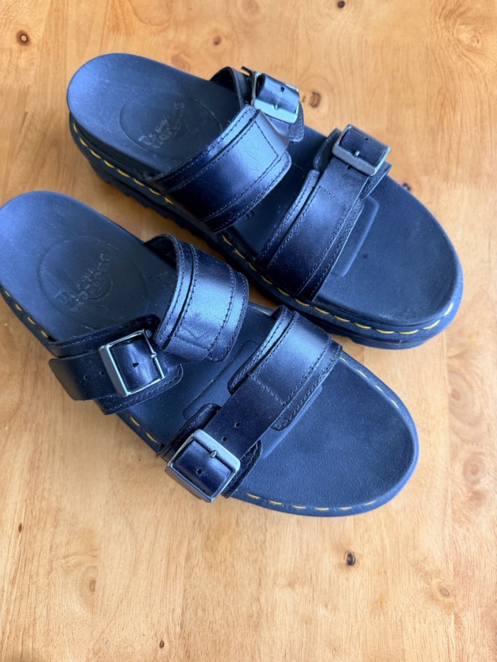 Dr. Martens Myles Black Leather Double Buckle Slide Sandals Mens Ziggy Sole 10